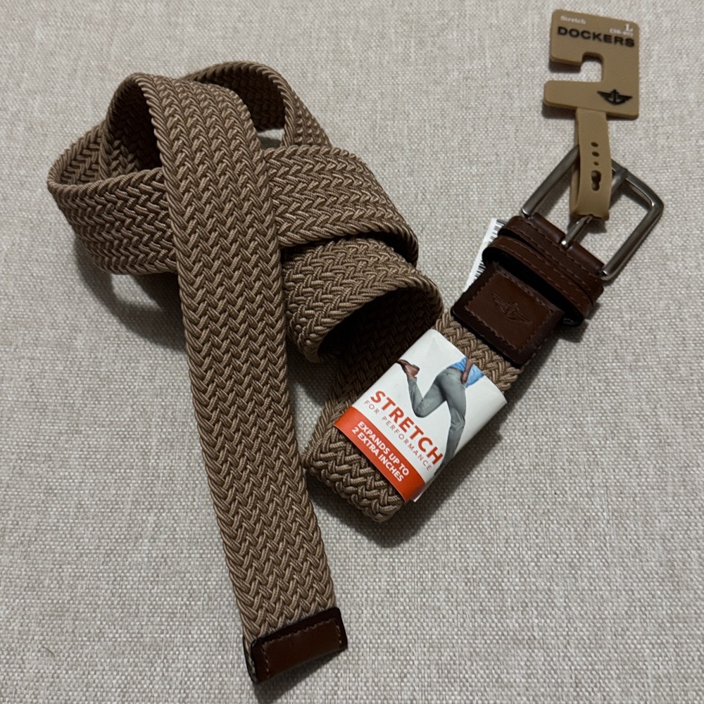 NWT Dockers Men’s Sz L Performance Stretch Belt-Woven Tan-Brown Leather Trim